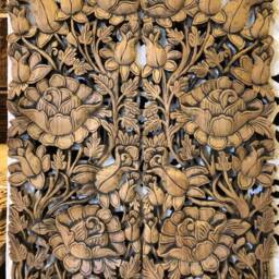Pair Large Wooden Carved Flower Roses Wood Panel Wall Decor Thai Carving Natural Teak Bohemian Furniture Wedding Gift Outdoor Brown - thumbnail 2
