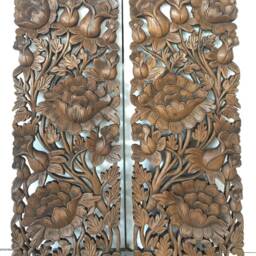 Pair Large Wooden Carved Flower Roses Wood Panel Wall Decor Thai Carving Natural Teak Bohemian Furniture Wedding Gift Outdoor Brown - thumbnail 4