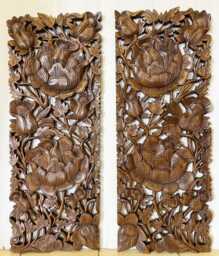 Pair Large Wooden Carved Flower Roses Wood Panel Wall Decor Thai Carving Natural Teak Bohemian Furniture Wedding Gift Outdoor Brown - thumbnail 1