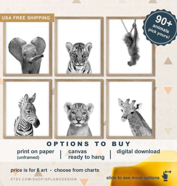 Safari Animal Nursery Art, Monochrome Baby Prints - Set Of 6 - image 1