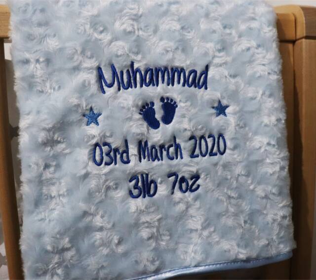 Personalised Baby Blanket Luxury Rosebud Style Blue Round Font Name Date Weight Print - image 1