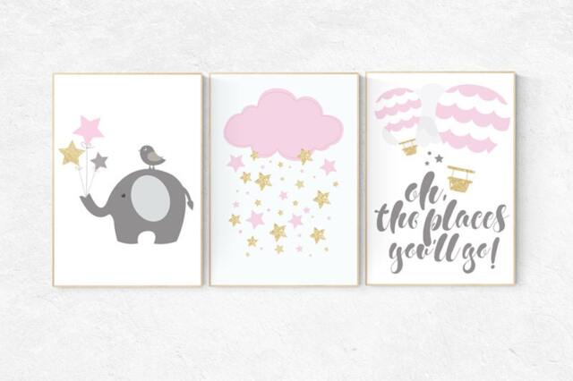 Elephant Nursery Wall Art Pink & Gold Baby Room Decor Print - image 1