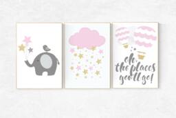 Elephant Nursery Wall Art Pink & Gold Baby Room Decor Print - thumbnail 1