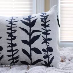 Botanical Print Linen Pillow Cover Boho Chic, Hand Block Printed Home Decor - thumbnail 3