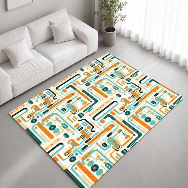 Teal Orange Retro Circuit Abstract Rug Non-Slip Soft Area Carpet Bedroom Living Room Hallway Mat Decor - Made in UK - image 1