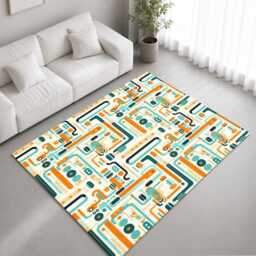 Teal Orange Retro Circuit Abstract Rug Non-Slip Soft Area Carpet Bedroom Living Room Hallway Mat Decor - Made in UK