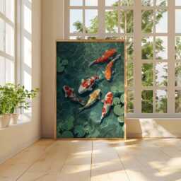 Koi Fish Wall Art, Japanese Pond Poster, Tranquil Water Print, Zen Garden Decor, Colorful Painting, Serene Nature Art - thumbnail 3