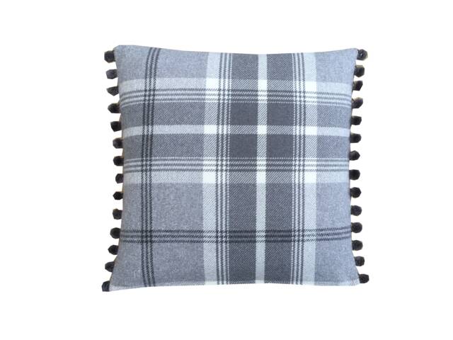 Dove Grey Tartan Plaid Cushion Cover With Pompoms - image 1