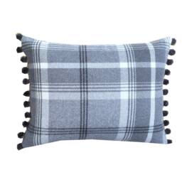 Dove Grey Tartan Plaid Cushion Cover With Pompoms - thumbnail 2