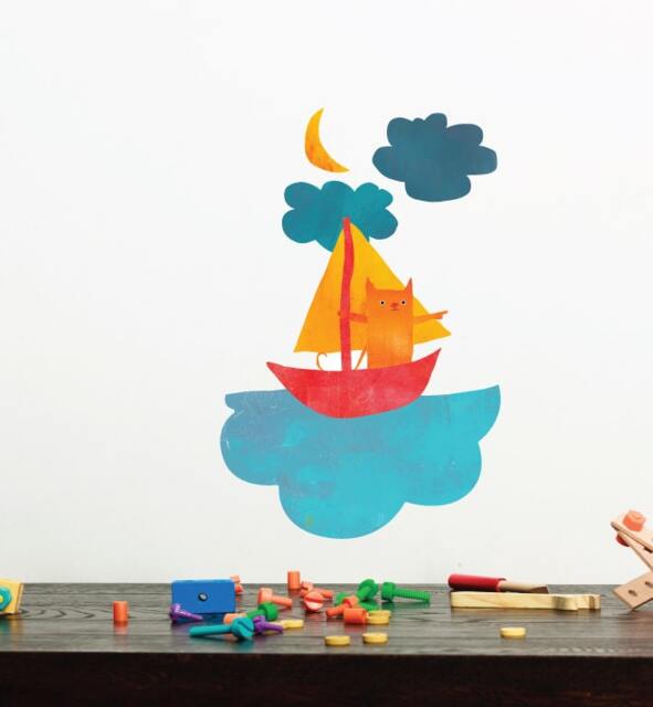 Cat Sailing Wall Sticker Decal - Nursery Stickers, Animal Decals, Home Decor, Baby Room, Art, Girl, Boy