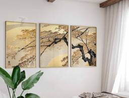 Japanese Floral Art Print Set, Gold Hokusai Style Posters