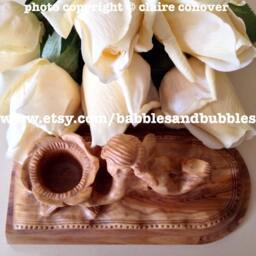 Hand Carved Olive Wood Cherub Candle Holder - thumbnail 3