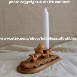 Hand Carved Olive Wood Cherub Candle Holder - thumbnail 3