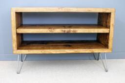 Reclaimed Wood Tv Stand With Shelf - Retro Media Unit, Hairpin Legs - thumbnail 1