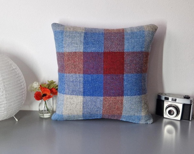 Harris Tweed Cushion Cover, Handmade - Red, Blue, Grey Big Block Check - image 1