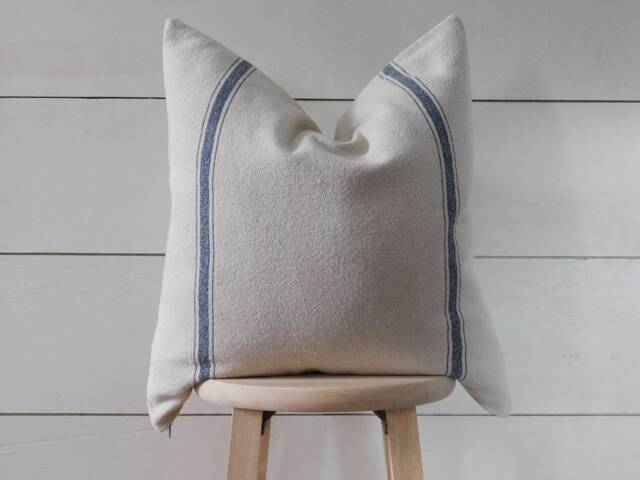 Grain Sack & Ticking Pillow Cover - Farmhouse Blue 3 Stripe Back Beige Fabric Zipper Closure - image 1