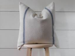 Grain Sack & Ticking Pillow Cover - Farmhouse Blue 3 Stripe Back Beige Fabric Zipper Closure - thumbnail 1