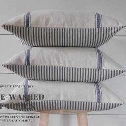 Grain Sack & Ticking Pillow Cover - Farmhouse Blue 3 Stripe Back Beige Fabric Zipper Closure - thumbnail 2