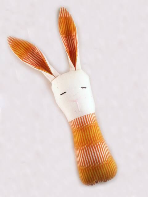 Crinkle Ears Bunny Rattle - Modern Boho Orange-Gold/White Stripe Art Gallery Aura with Jingle Bell - image 1