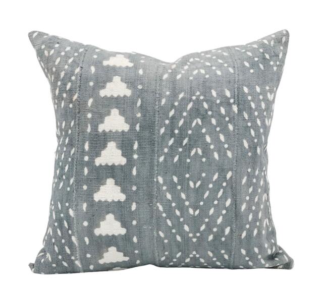 Grey Mudcloth Pillow Cover 20x20, White Abstract On Blue/Grey Cover, Authentic Throw Pillow, Cushion African - image 1