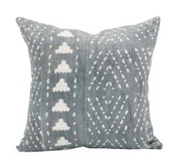 Grey Mudcloth Pillow Cover 20x20, White Abstract On Blue/Grey Cover, Authentic Throw Pillow, Cushion African - thumbnail 1