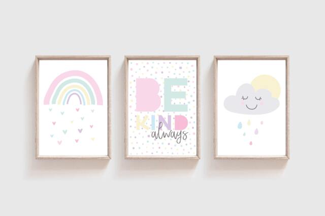 Set Of 3 Girls Nursery Prints, Be Kind, Rainbow Bedroom Wall Art, Playroom Pastel - image 1