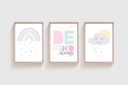 Set Of 3 Girls Nursery Prints, Be Kind, Rainbow Bedroom Wall Art, Playroom Pastel - thumbnail 1