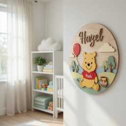 Personalized Winnie The Pooh Nursery Name Sign, Custom Baby Room Decor, 3D Wood Wall Art, Bear Plaque Gift For Kids - thumbnail 3