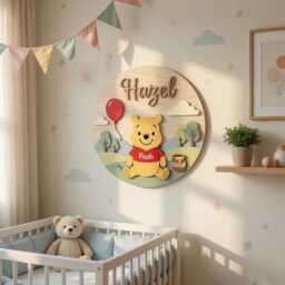 Personalized Winnie The Pooh Nursery Name Sign, Custom Baby Room Decor, 3D Wood Wall Art, Bear Plaque Gift For Kids - thumbnail 1