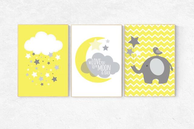 Elephant Moon Nursery Decor Yellow Gray Baby Room Art Print - image 1