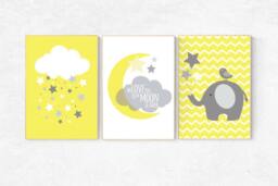 Elephant Moon Nursery Decor Yellow Gray Baby Room Art Print - thumbnail 1