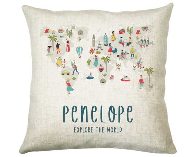 Personalised World Map Cushion Childrens Nursery Gift Printed Name Design - Little Explorer Pillow For Girls Boys Bedroom Cs454 - image 1