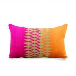 Silk Ikat Lumbar Pillow Cover, Gold Embroidery, Pink & Orange