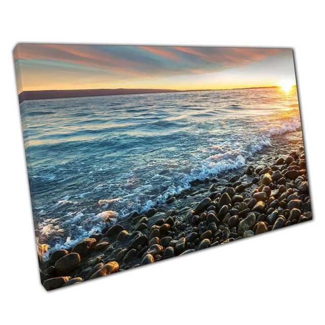 Tranquil Sunset Seascape Canvas Rocky Pebble Shore Wall Art For Home & Office Coastal Decor - image 1