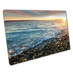 Tranquil Sunset Seascape Canvas Rocky Pebble Shore Wall Art For Home & Office Coastal Decor - thumbnail 1