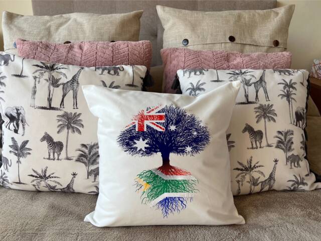 South African Heritage Cushion Australian Flag Tree With Roots. Plush White Cushion, Ideal Gift - image 1