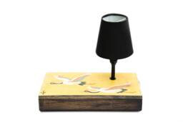 Teak Oak Block Artisan Crafted Japanese Cranes Bedside Table Lamp With Black Shade - thumbnail 1