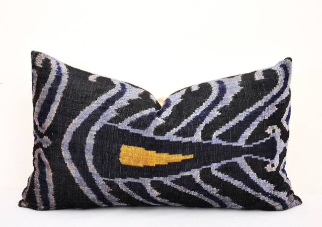 Handmade Silk Velvet Ikat Pillow Cover, Black Grey Decorative Cushion - image 1