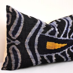 Handmade Silk Velvet Ikat Pillow Cover, Black Grey Decorative Cushion - thumbnail 2