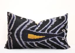 Handmade Silk Velvet Ikat Pillow Cover, Black Grey Decorative Cushion - thumbnail 1