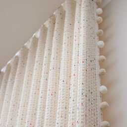 A Pair Of Checkered Chenille Kids Curtains With Pompom Trim , Cream Living Room Curtains, Nursery , Bedroom Custom Made - thumbnail 2