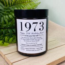 50Th Birthday Personalised Candle - 1973 Year You Were Born Milestone Gift - For Women Men- Soy Wax No Paraffin Amber Jar - thumbnail 1