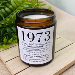 50Th Birthday Personalised Candle - 1973 Year You Were Born Milestone Gift - For Women Men- Soy Wax No Paraffin Amber Jar - thumbnail 2