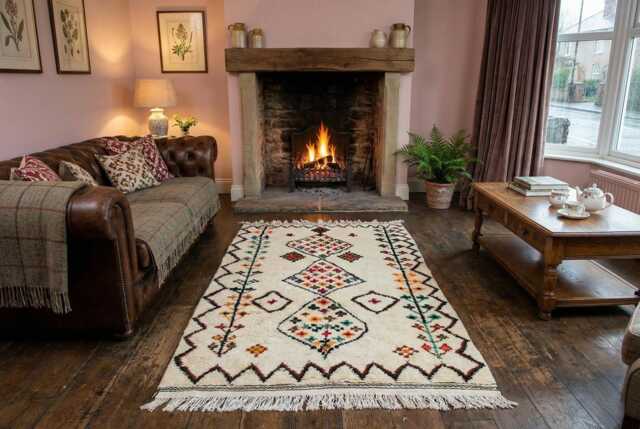 Cream Moroccan Boucherouite Rug, Tribal Diamond Berber Art, Recycled Textiles - image 1