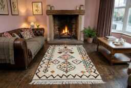 Cream Moroccan Boucherouite Rug, Tribal Diamond Berber Art, Recycled Textiles