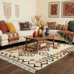 Cream Moroccan Boucherouite Rug, Tribal Diamond Berber Art, Recycled Textiles - thumbnail 3