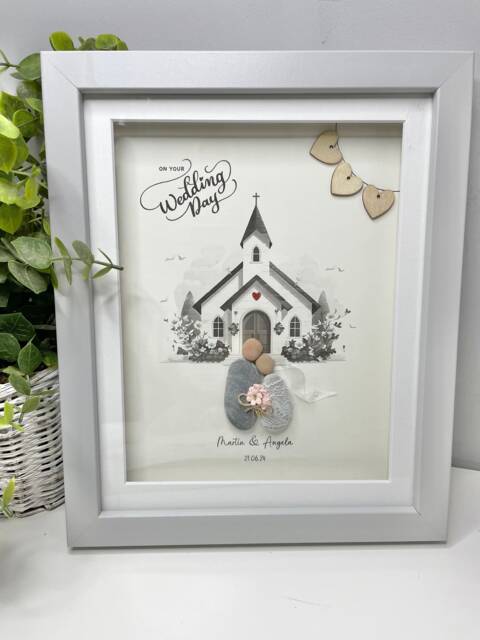 Personalised Wedding Gift - Bride & Groom Church Pebble Art Picture Framed Handmade - image 1