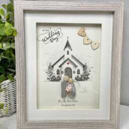 Personalised Wedding Gift - Bride & Groom Church Pebble Art Picture Framed Handmade - thumbnail 3