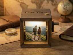 Personalized Couple Trips Photo Flipbook Frame, Box With Light, Adventures Anniversary Gift - thumbnail 1