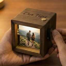 Personalized Couple Trips Photo Flipbook Frame, Box With Light, Adventures Anniversary Gift - thumbnail 2